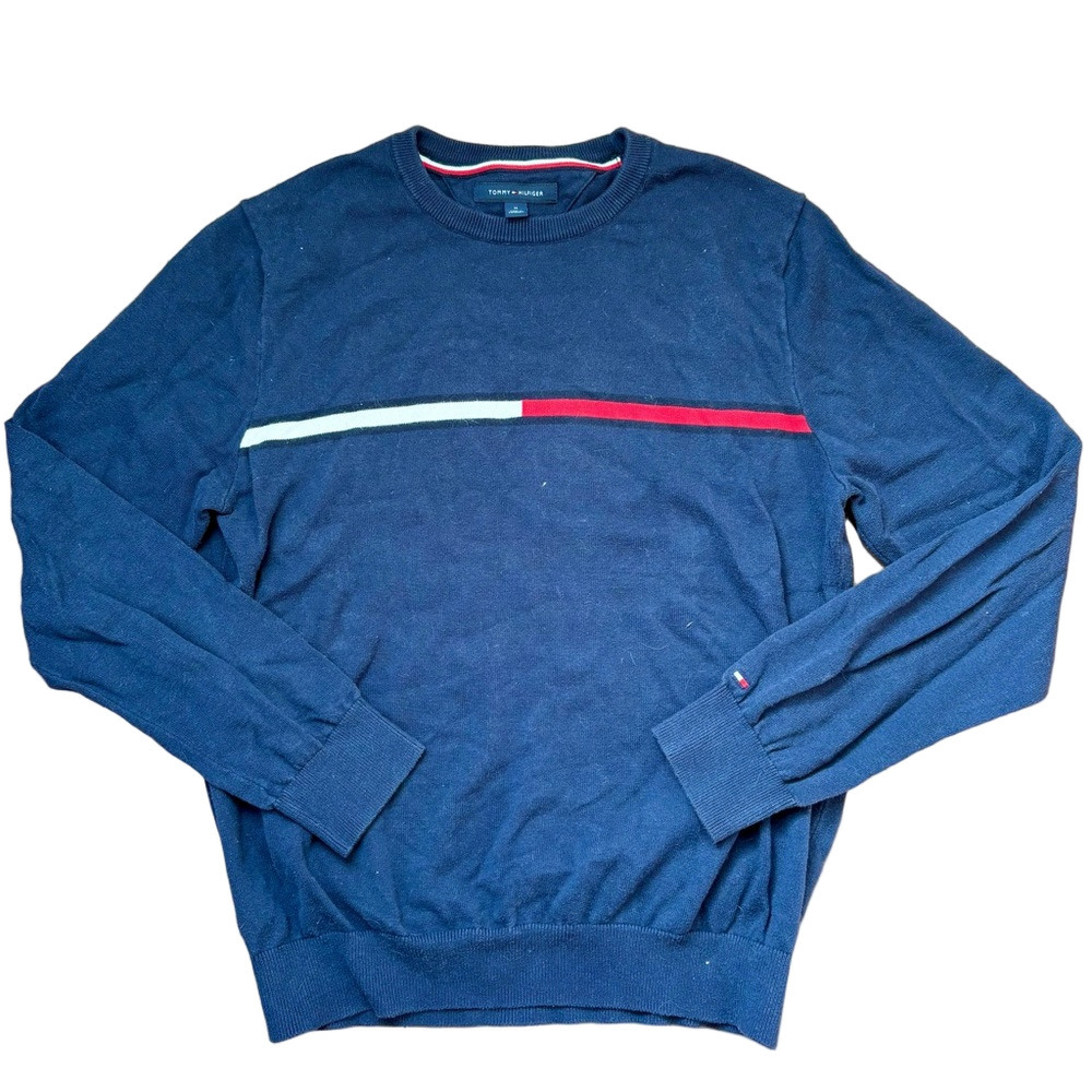 Tommy Hilfiger Navy Crewneck Sweater with Red and White Stripe